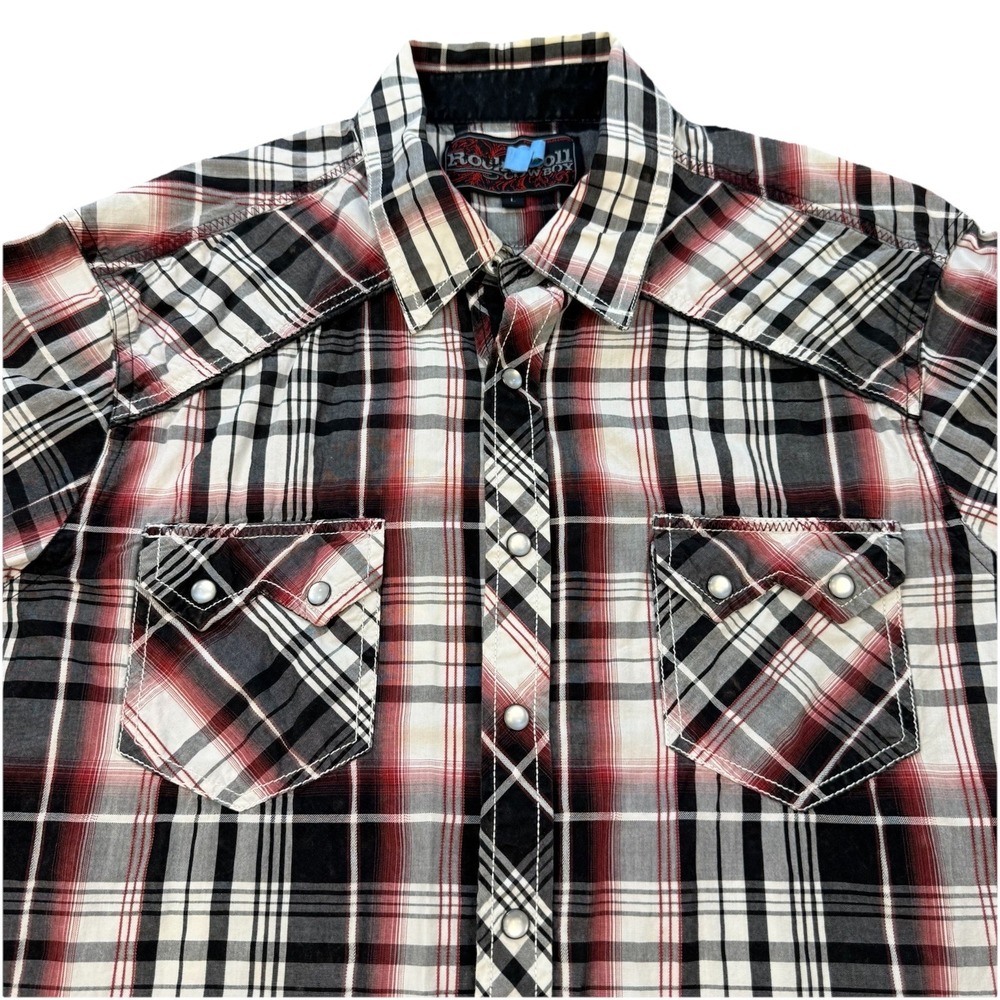 Rock & Roll‎ Cowboys Mens Black Red Plaid Long Sleeve Western Pearl Snap Shirt L